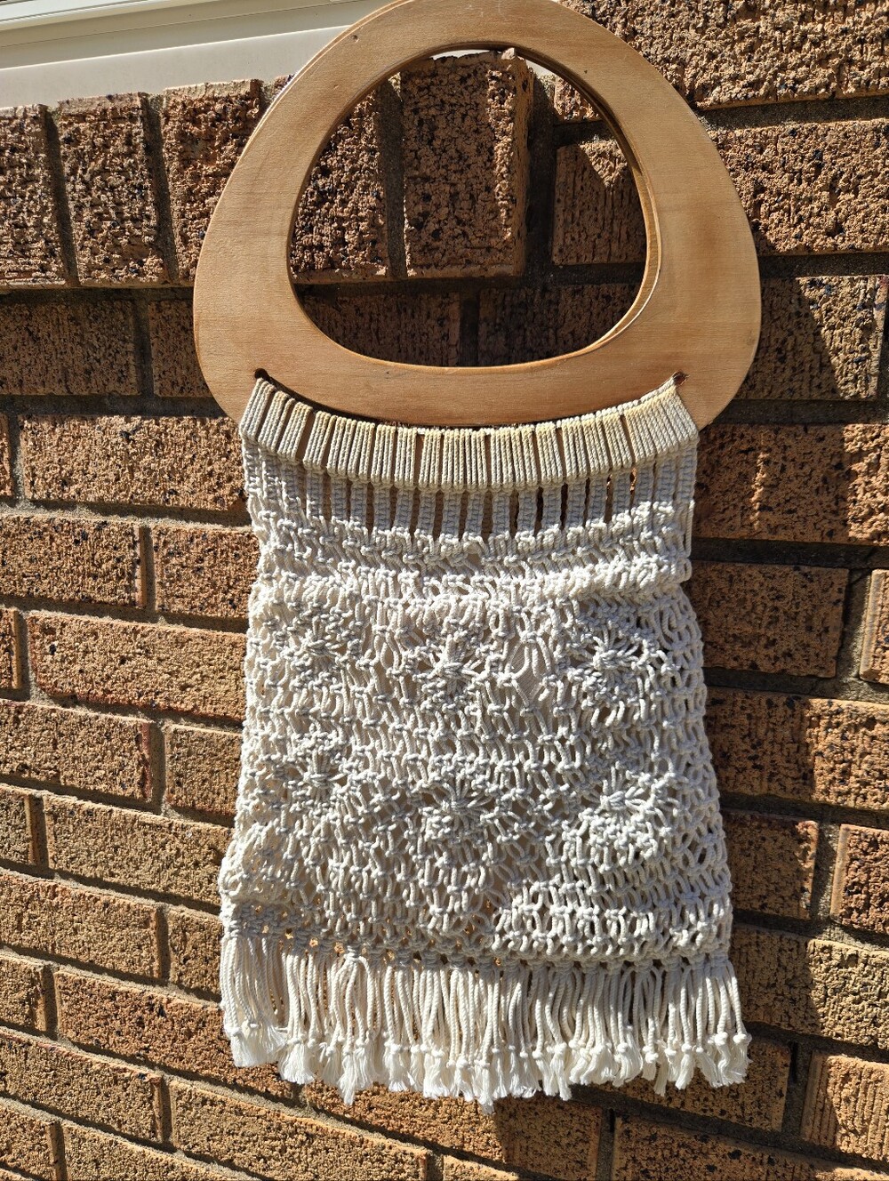 Vintage Handmade Macramé Boho Tote Bag with Wooden Handles – Made in Philippines